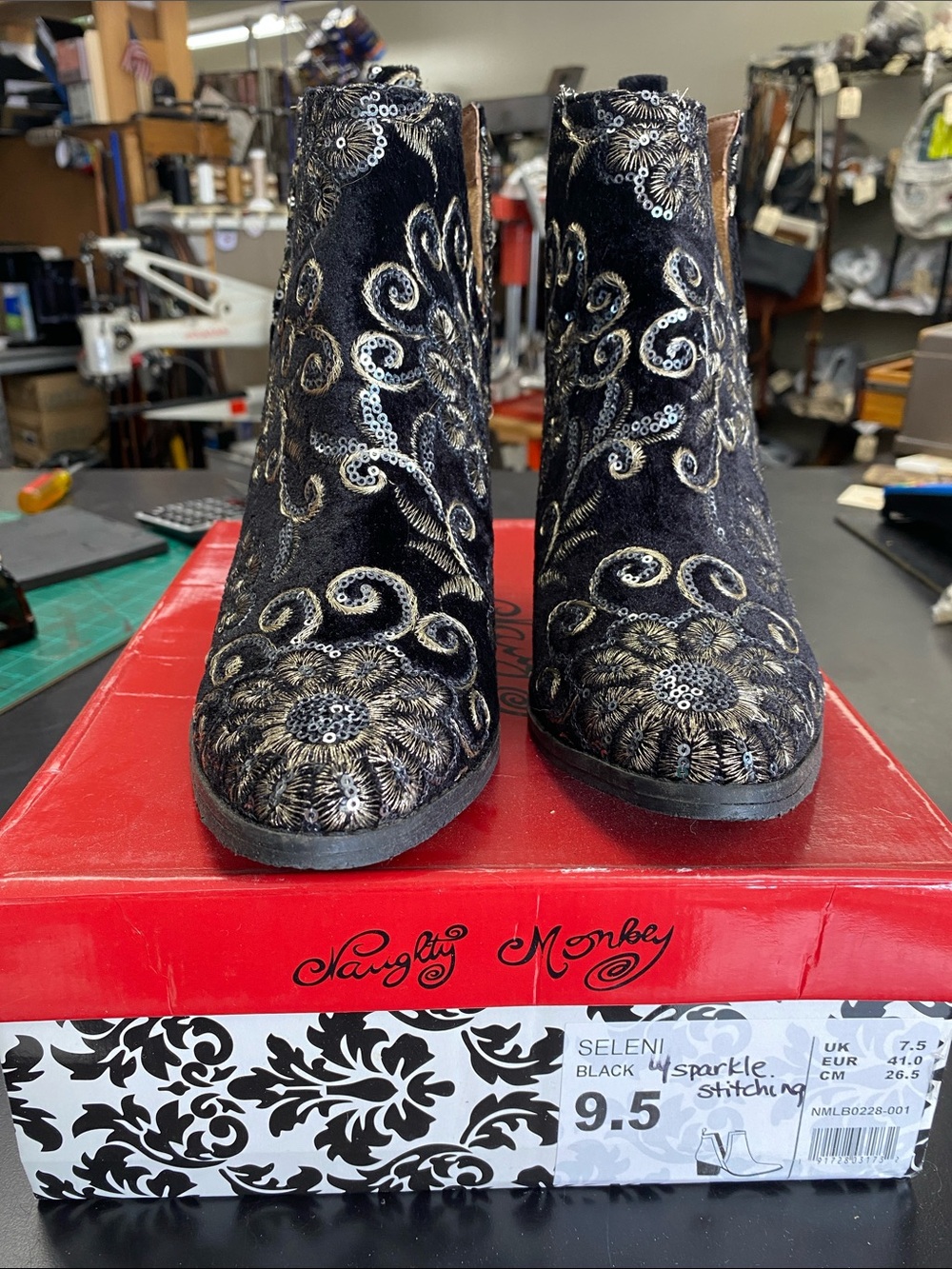 naughty monkey Black Velvet Embroidered Ankle Boots with Gold Sparkle